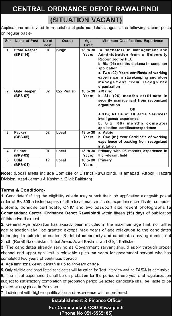 Central Ordnance Depot Rawalpindi Jobs 2025
