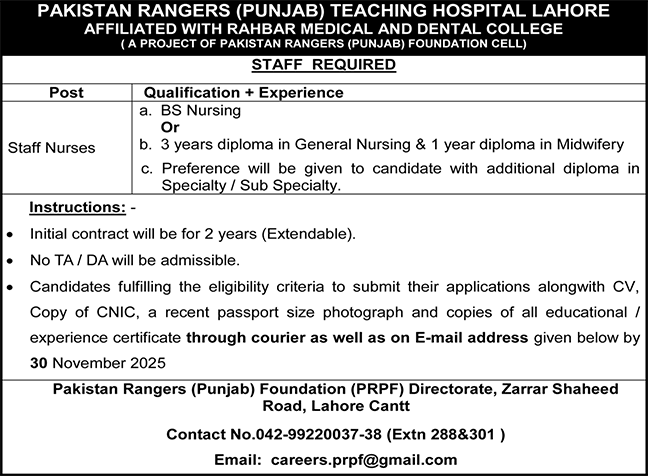 Staff Nurse Jobs in Pakistan Rangers Punjab Teaching Hospital Lahore 2025