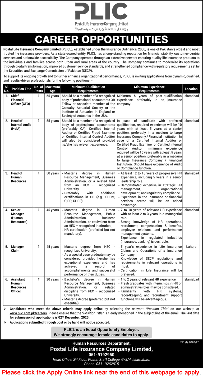 Postal Life Insurance Company Limited Jobs 2025