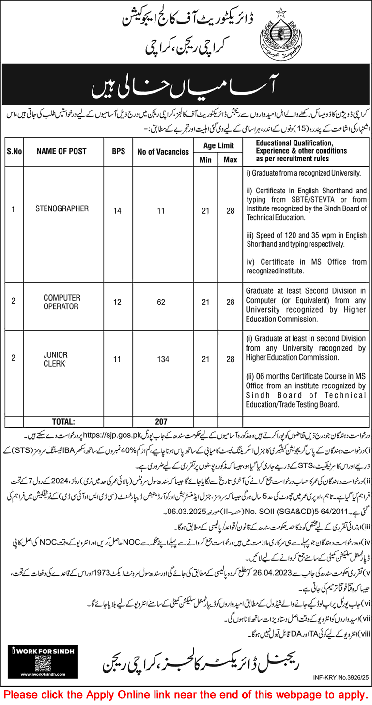 Directorate of College Education Karachi Jobs 2025
