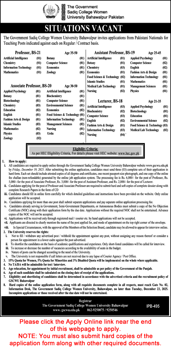 Government Sadiq College Women University Bahawalpur Jobs 2025