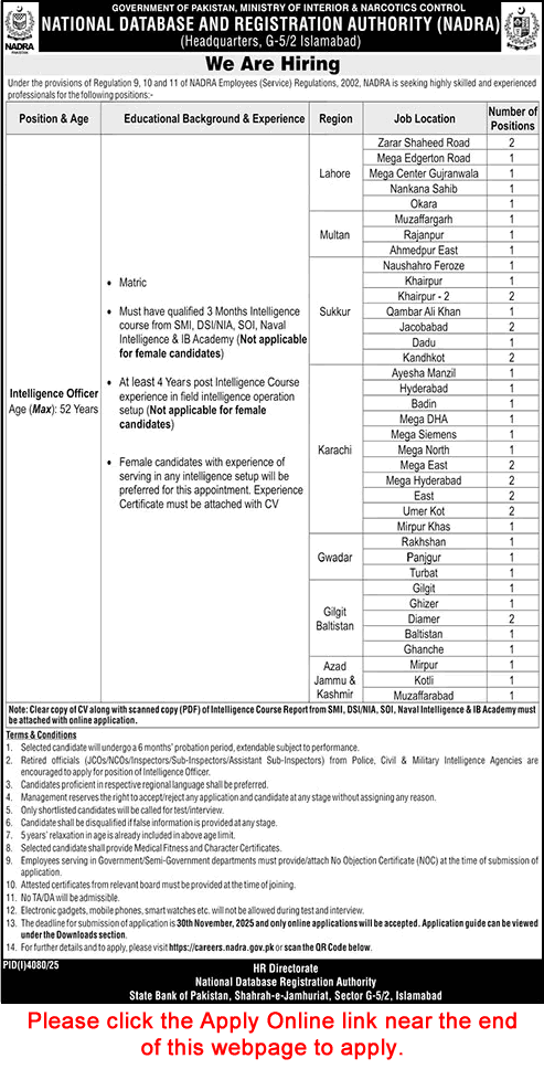 NADRA Intelligence Officer Jobs