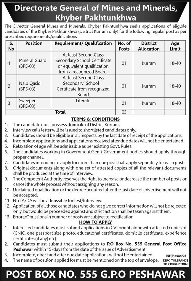 Directorate General of Mines & Minerals KPK Jobs 2025